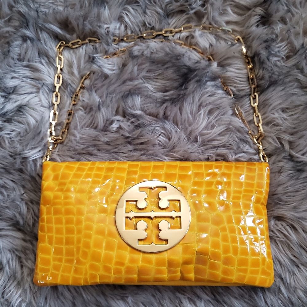 TORY BURCH Yellow Croc Embossed Patent Leather Clutch Bag